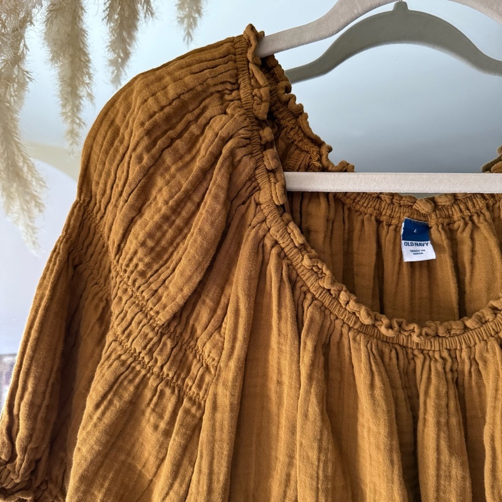 Old Navy Women's Cottage Core Peasant Mustard Yellow Blouse 100% Cotton - Picture 2 of 6
